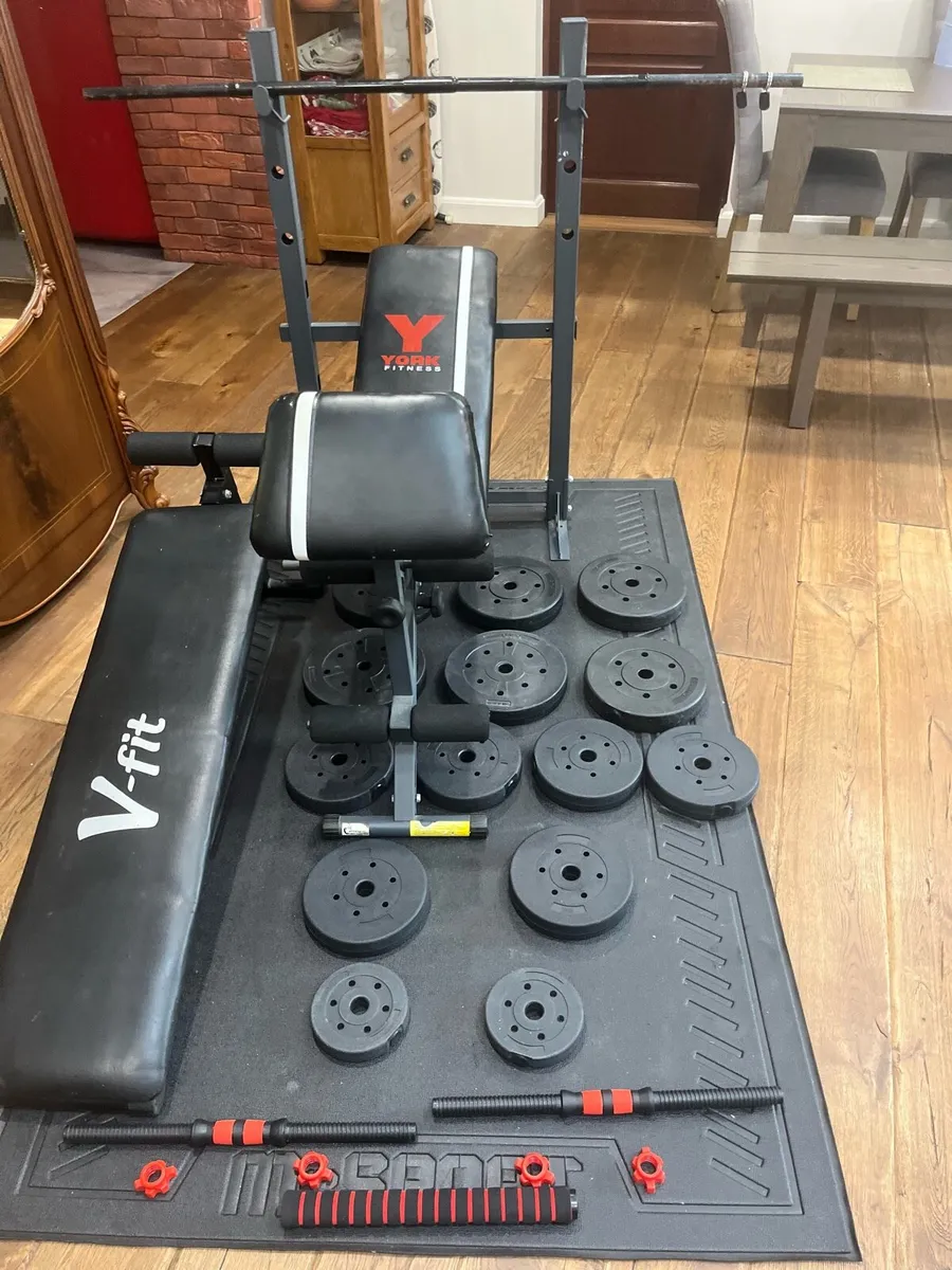 Bench barbell dumbbells and weights - Image 1