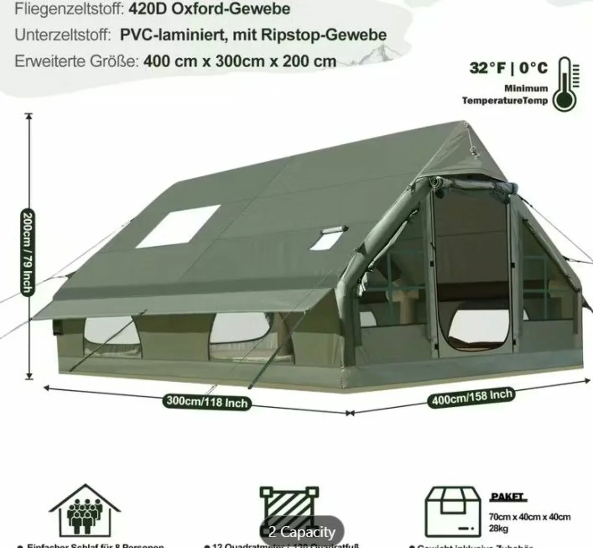 Glamping Tent Inflatable 6-10 Person Chimney& Pump - Image 2