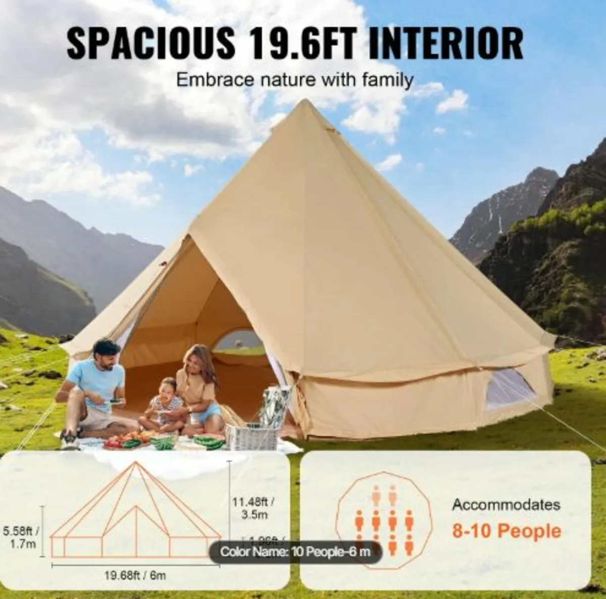 Canvas Bell Tent,4 Seasons 6 m/19.68 ft Yurt Tent - Image 2