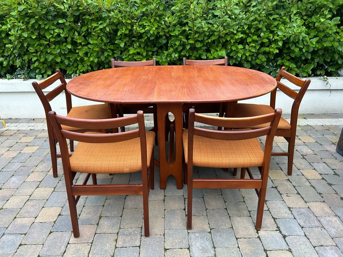 Mid century teak drop leaf table & 6 chairs - Image 1