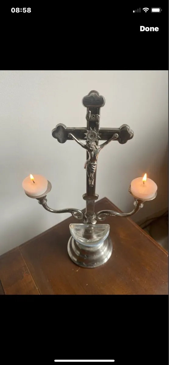 Vintage Metal Crucifix & Holy Water Font - Image 1
