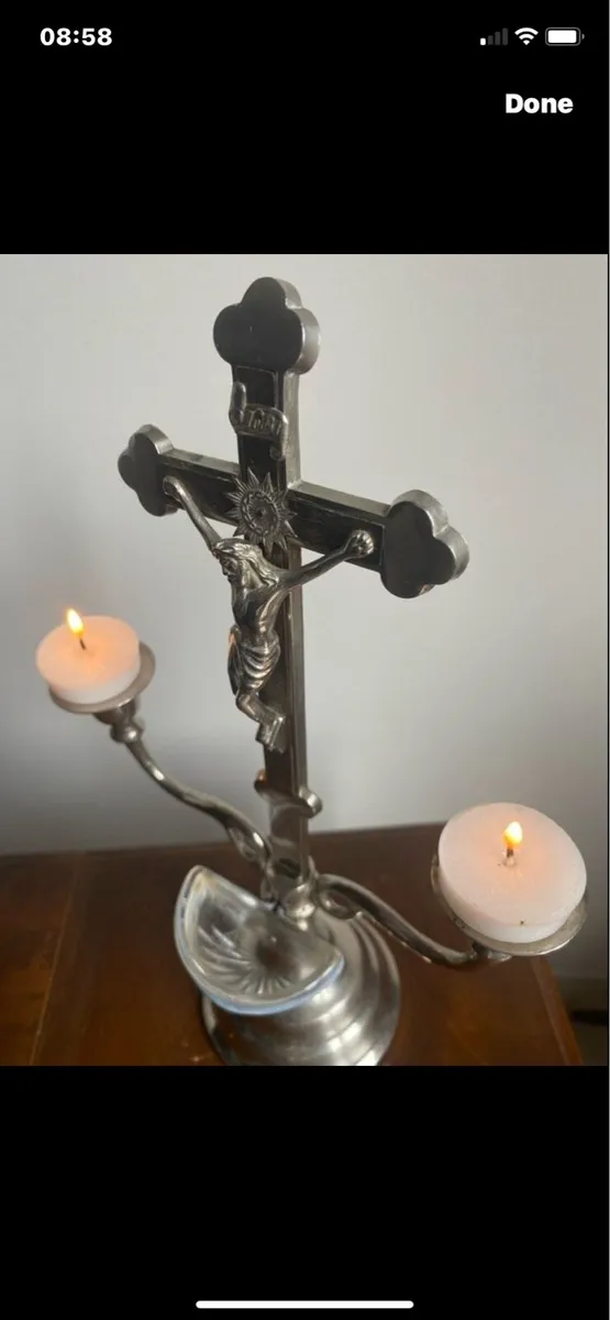 Vintage Metal Crucifix & Holy Water Font - Image 2