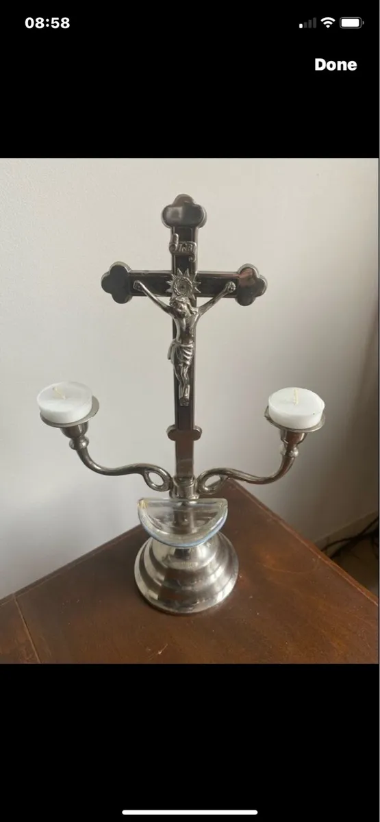 Vintage Metal Crucifix & Holy Water Font - Image 3