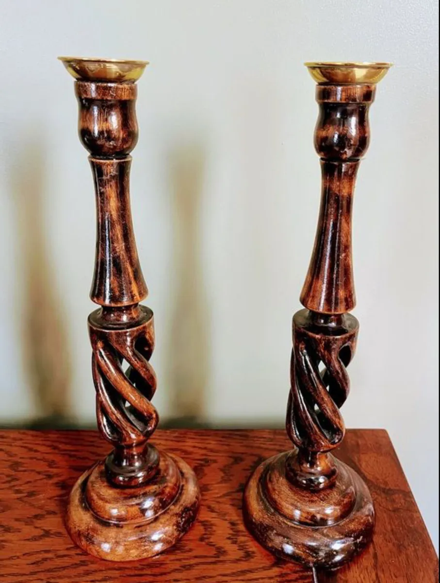 Antique twisted wood candle holders