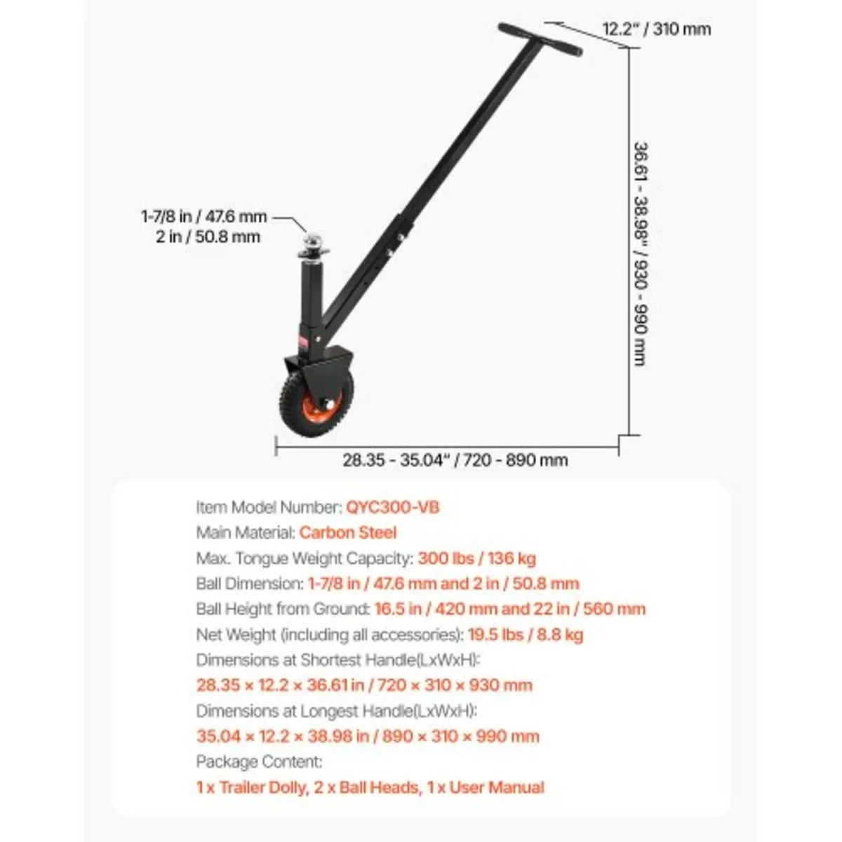 Trailer Dolly, 300lbs Tongue Weight Capacity, 16.5 - Image 2