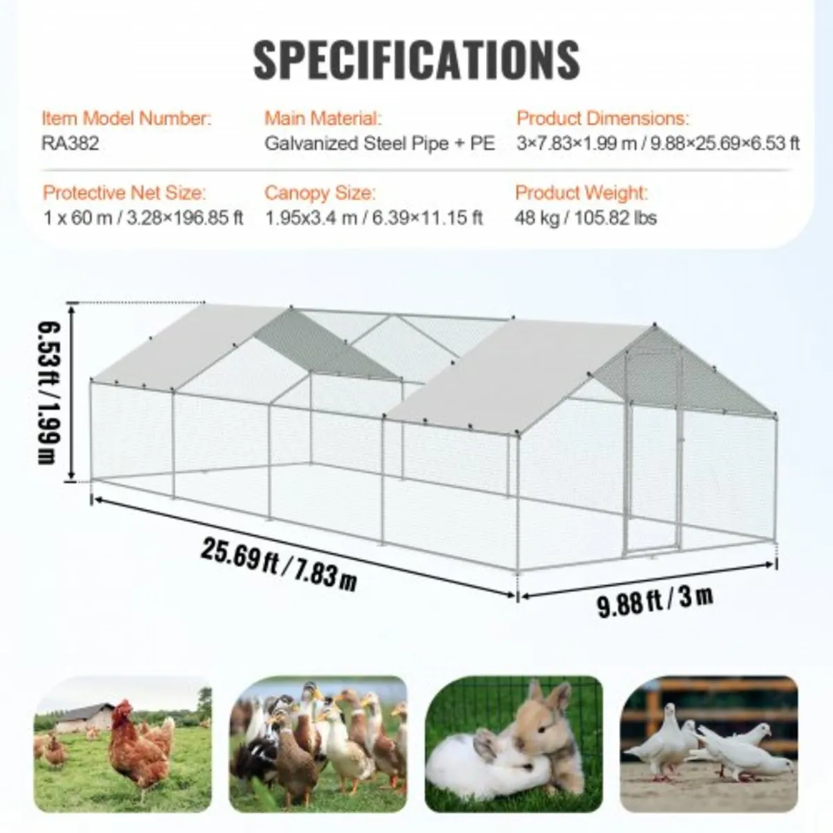 Large Metal Chicken Coop with Run, 3 x 7.83 x 1.99 - Image 2