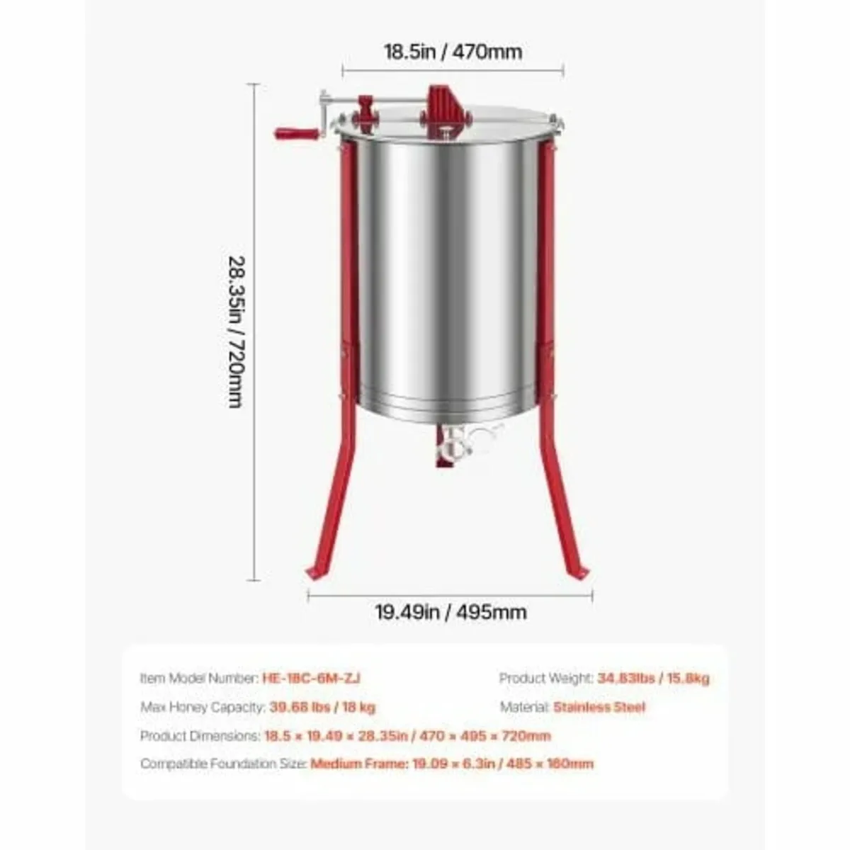 Honey Extractor, 6 Frame Manual Honey Spinner with - Image 2