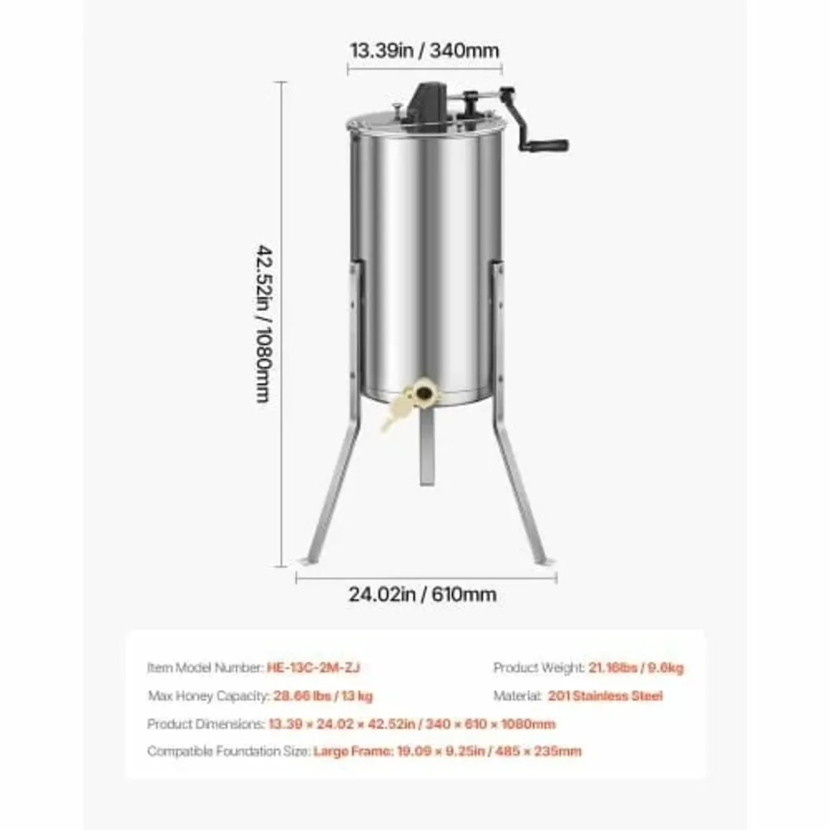 Honey Extractor, 2 Frame Manual Honey Spinner with - Image 2