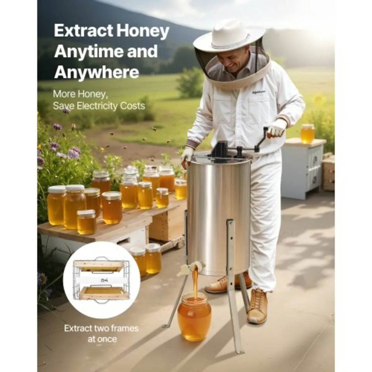 Honey Extractor, 2 Frame Manual Honey Spinner with - Image 4