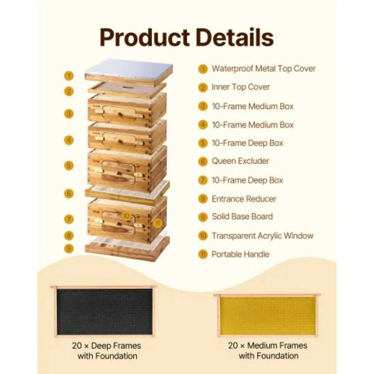 Bee Hive 40 Frame Bee Hives Starter Kit, Beeswax C - Image 3
