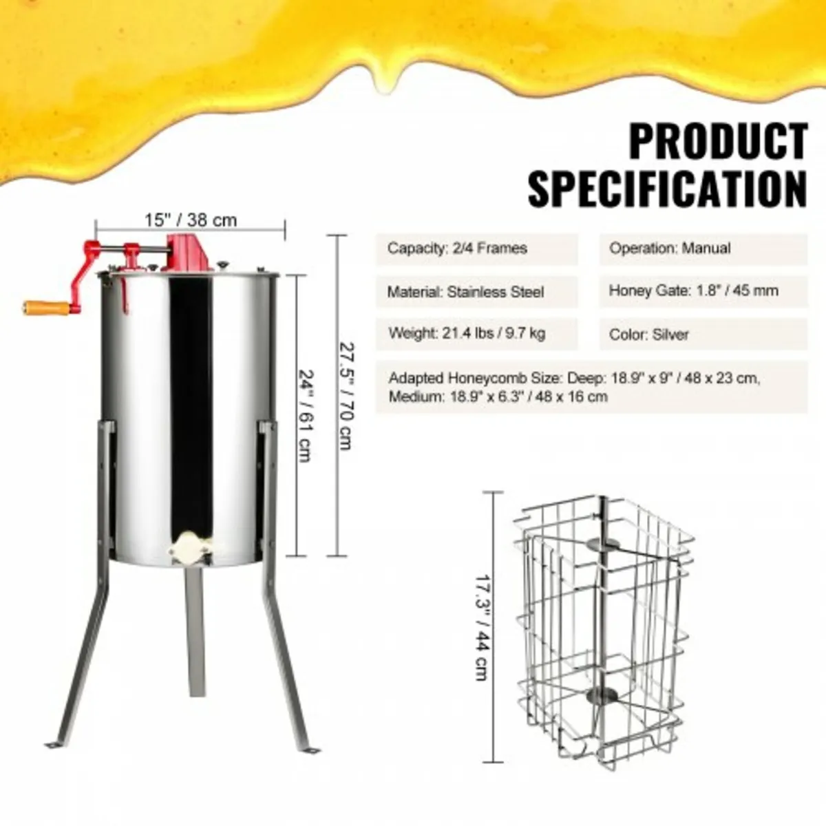 Manual Honey Extractor, 2/4 Frames Honey Spinner E - Image 2