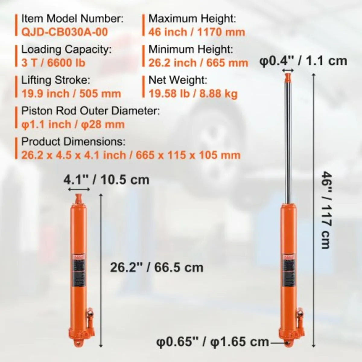 Hydraulic Long Ram Jack, 3 Ton Engine Hoist Cylind - Image 2