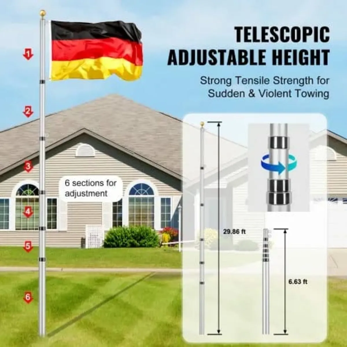 30FT Telescopic Flagpole Kit, Heavy Duty Aluminum - Image 2