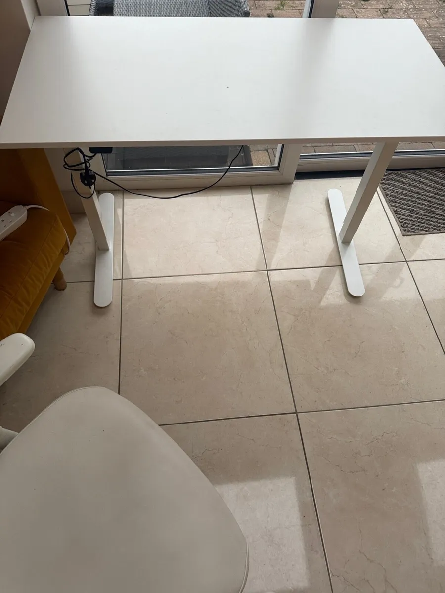 White Office Chair & Sit/Stand Desk - Image 1
