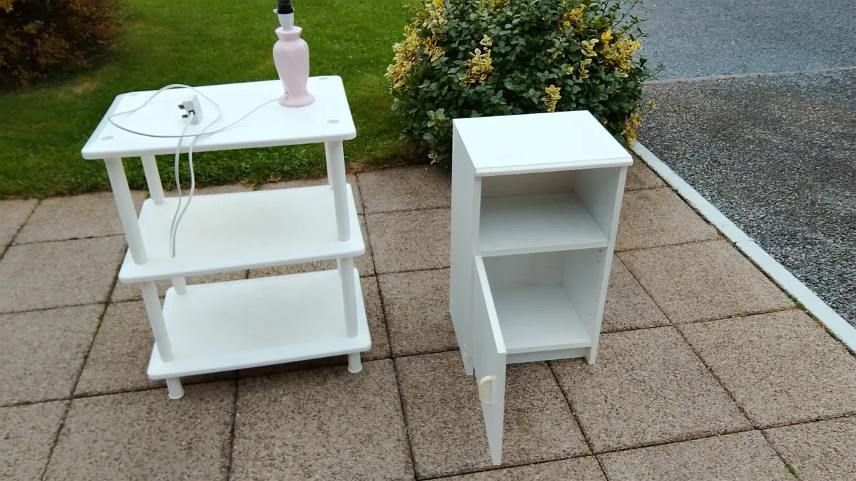 Bedside locker and lamp .and 3 tier white stand
