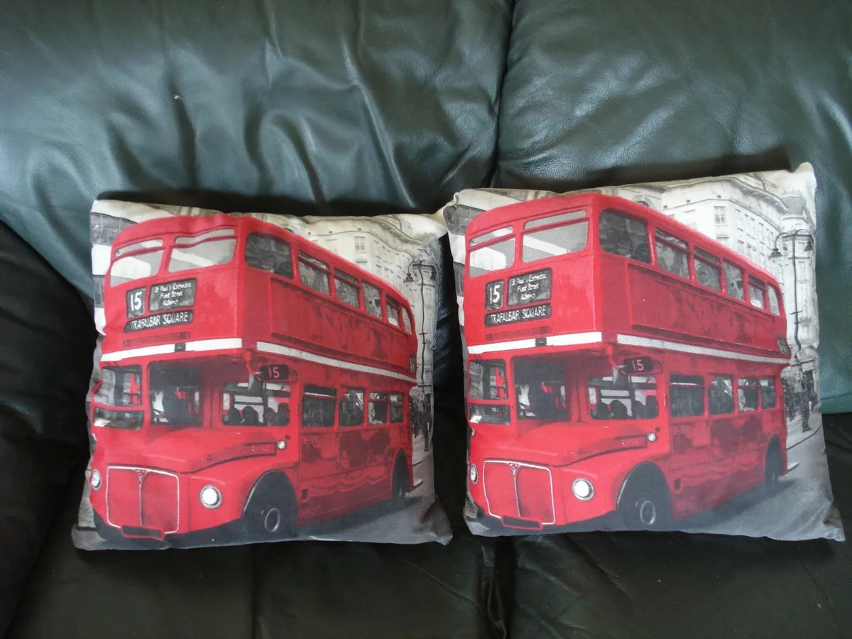 PAIR RED LONDON BUSES CUSHIONS. - Image 2