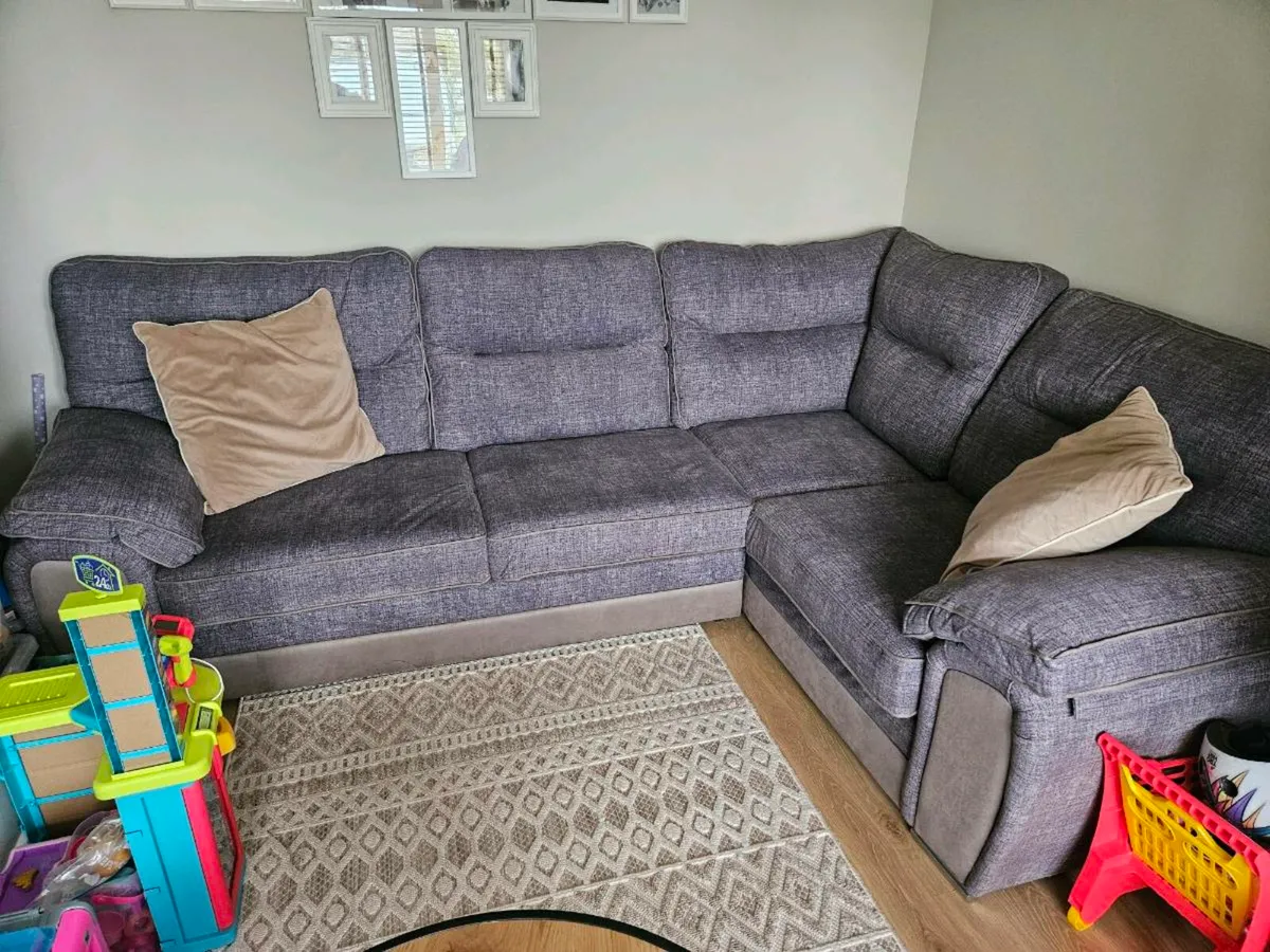 L shaped couch with ottoman and reclining armchair - Image 1