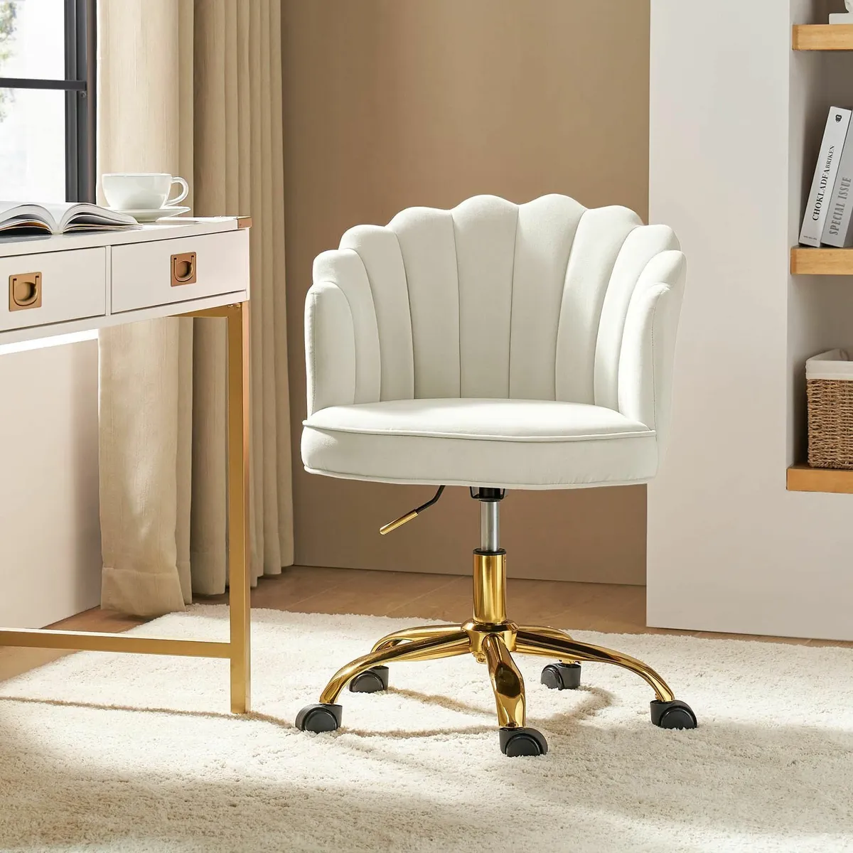 Velvet Office Chair Gold Base Modern Cute Shell Ba - Image 1