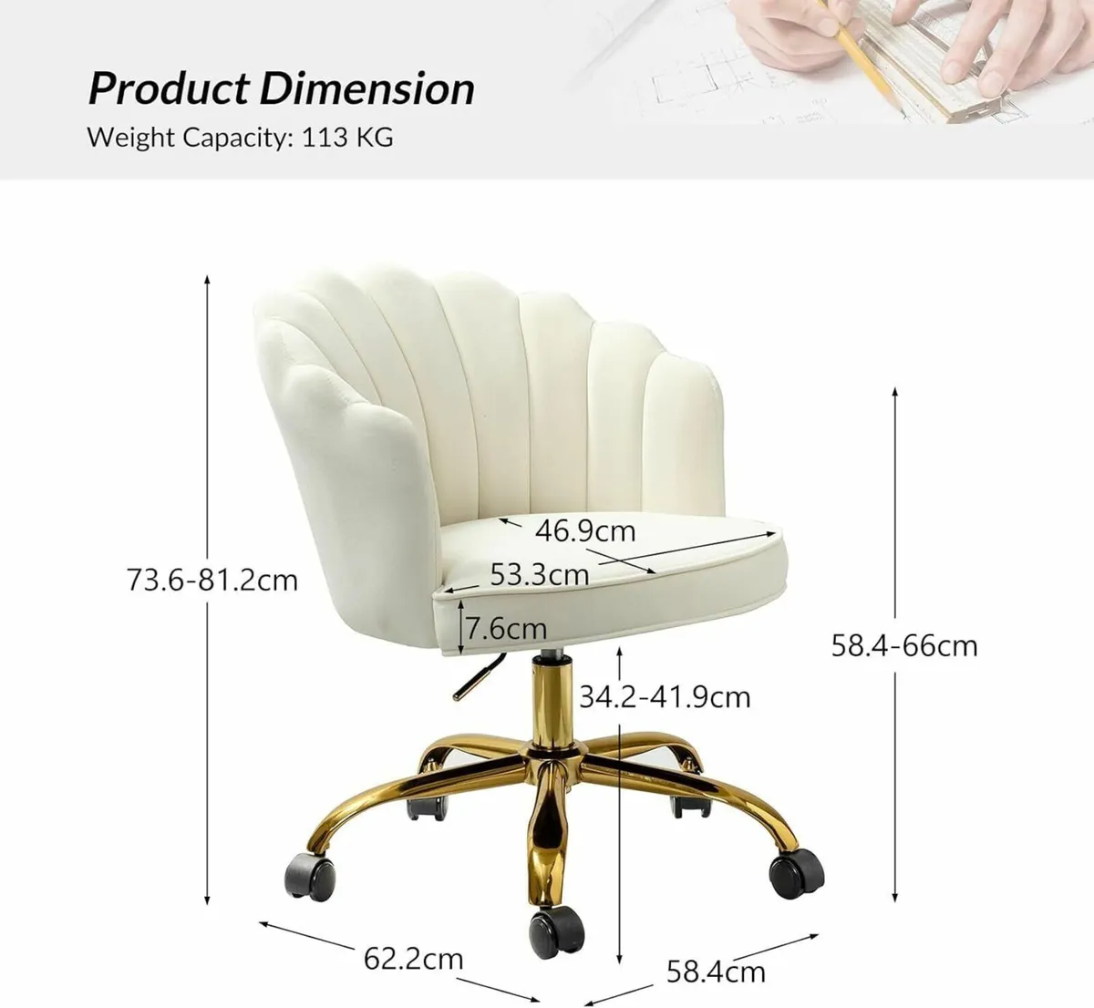 Velvet Office Chair Gold Base Modern Cute Shell Ba - Image 2