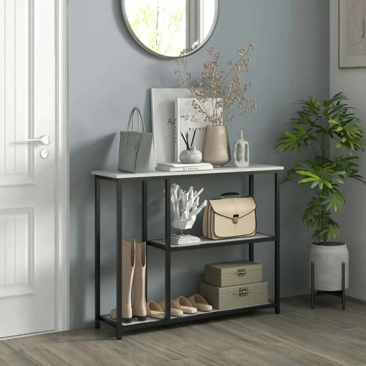 Industrial-design console table, 2 shelves, marble - Image 2