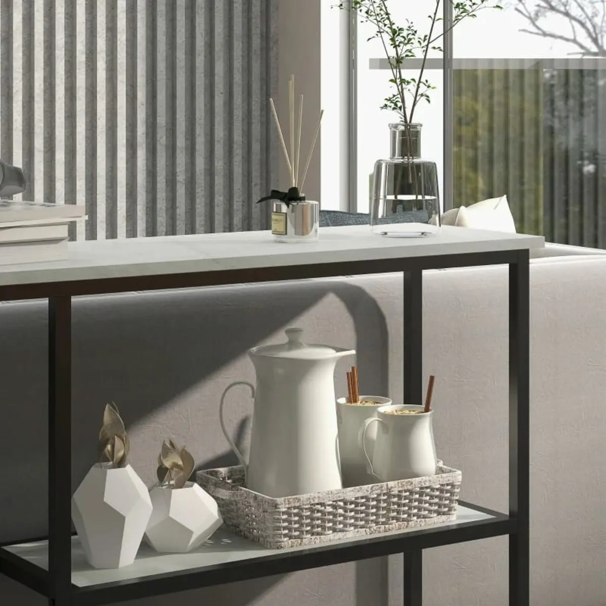 Industrial-design console table, 2 shelves, marble - Image 4