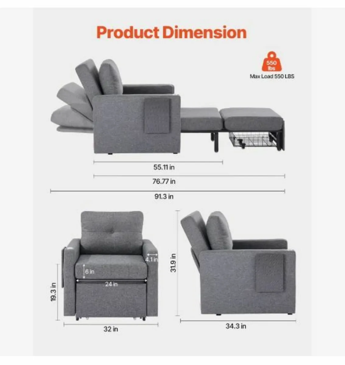 Sleeper Sofa Bed, Convertible Sleeper - Image 3