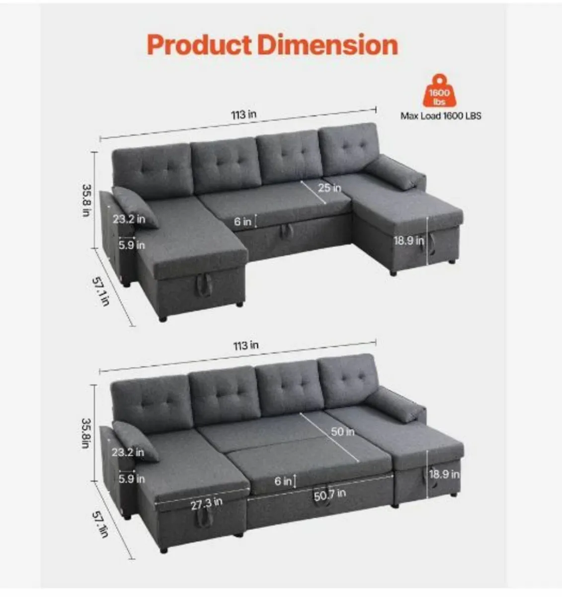 U Shaped Sofa Bed, Convertible Sofa Bed - Image 2