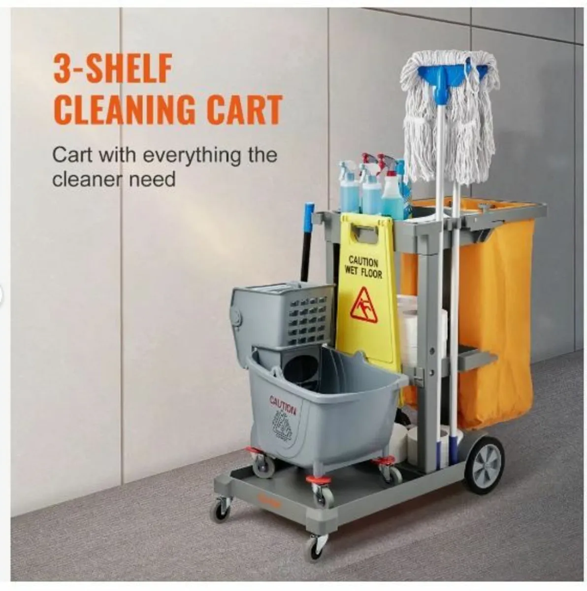 Cleaning Cart, 3-Shelf Commercial - Image 2