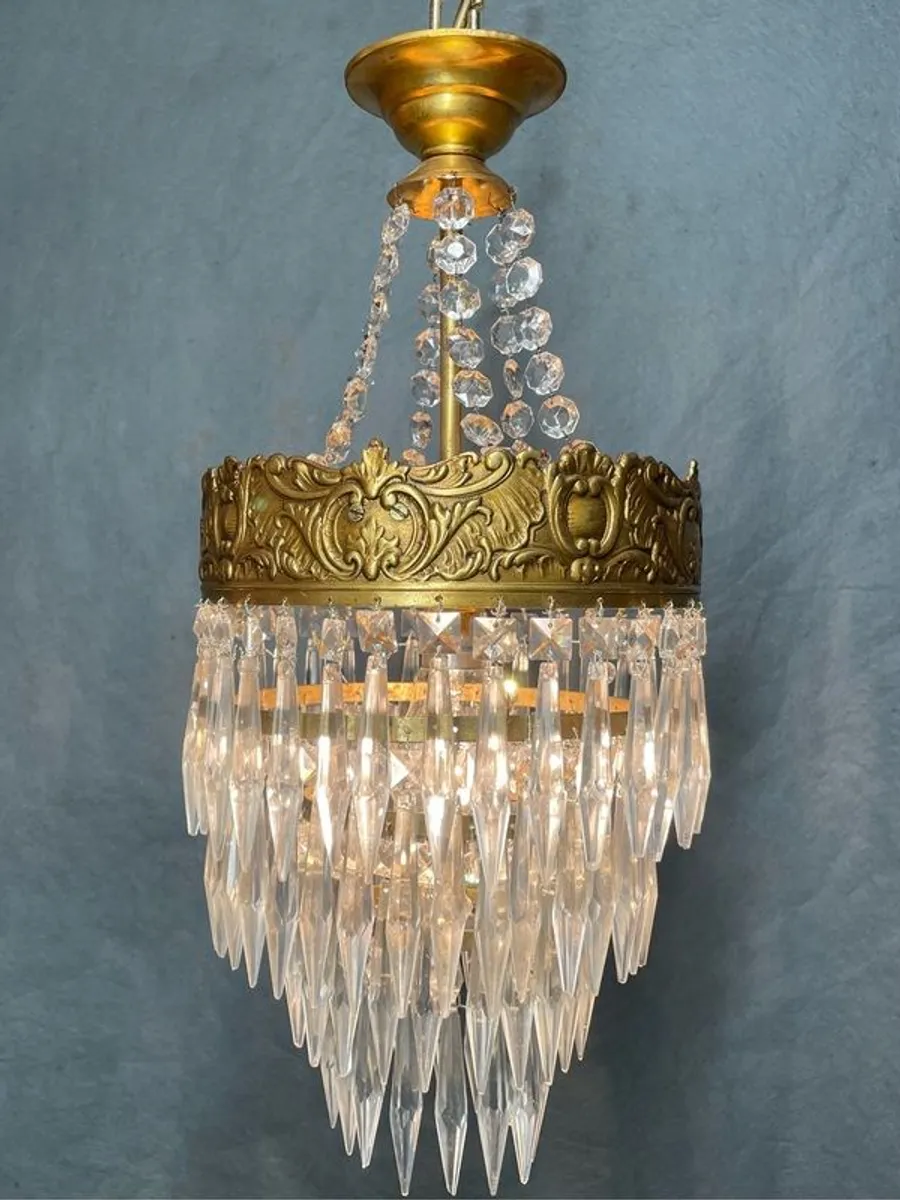 Vintage Brass & Glass Cascading Chandelier ( pair available ) . - Image 1