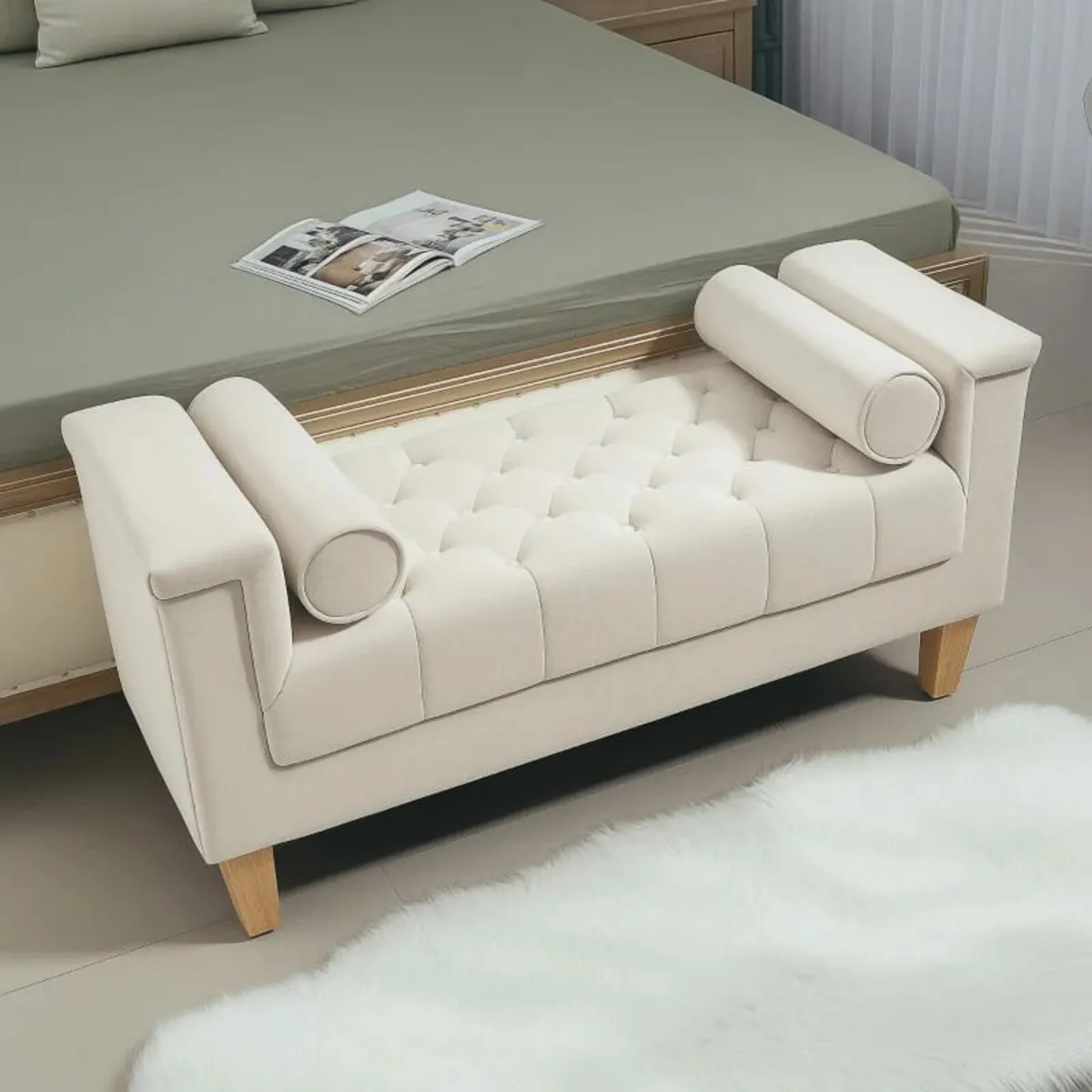 Upholstered bench, vintage design, 2 cushions, che - Image 1