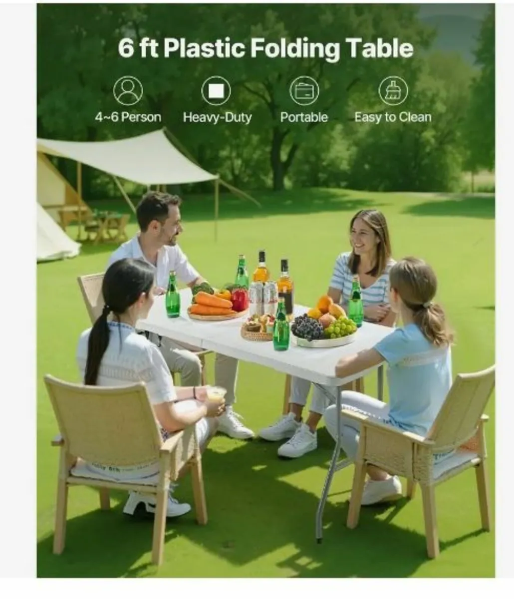 Folding Table, 6 Ft Heavy Duty Portable - Image 3