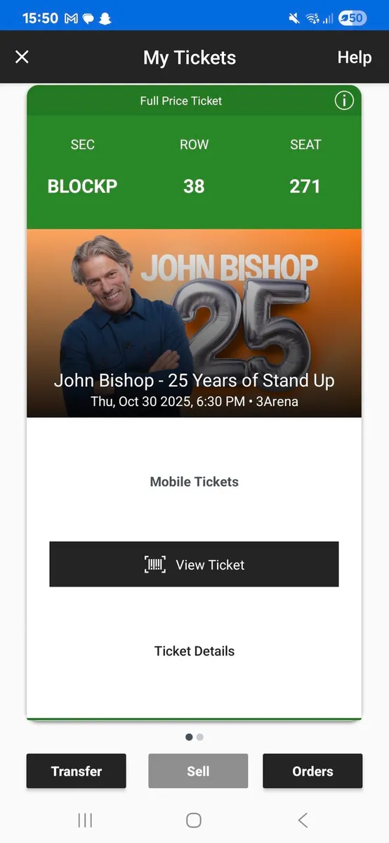 2x John Bishop Tickets (30/10)