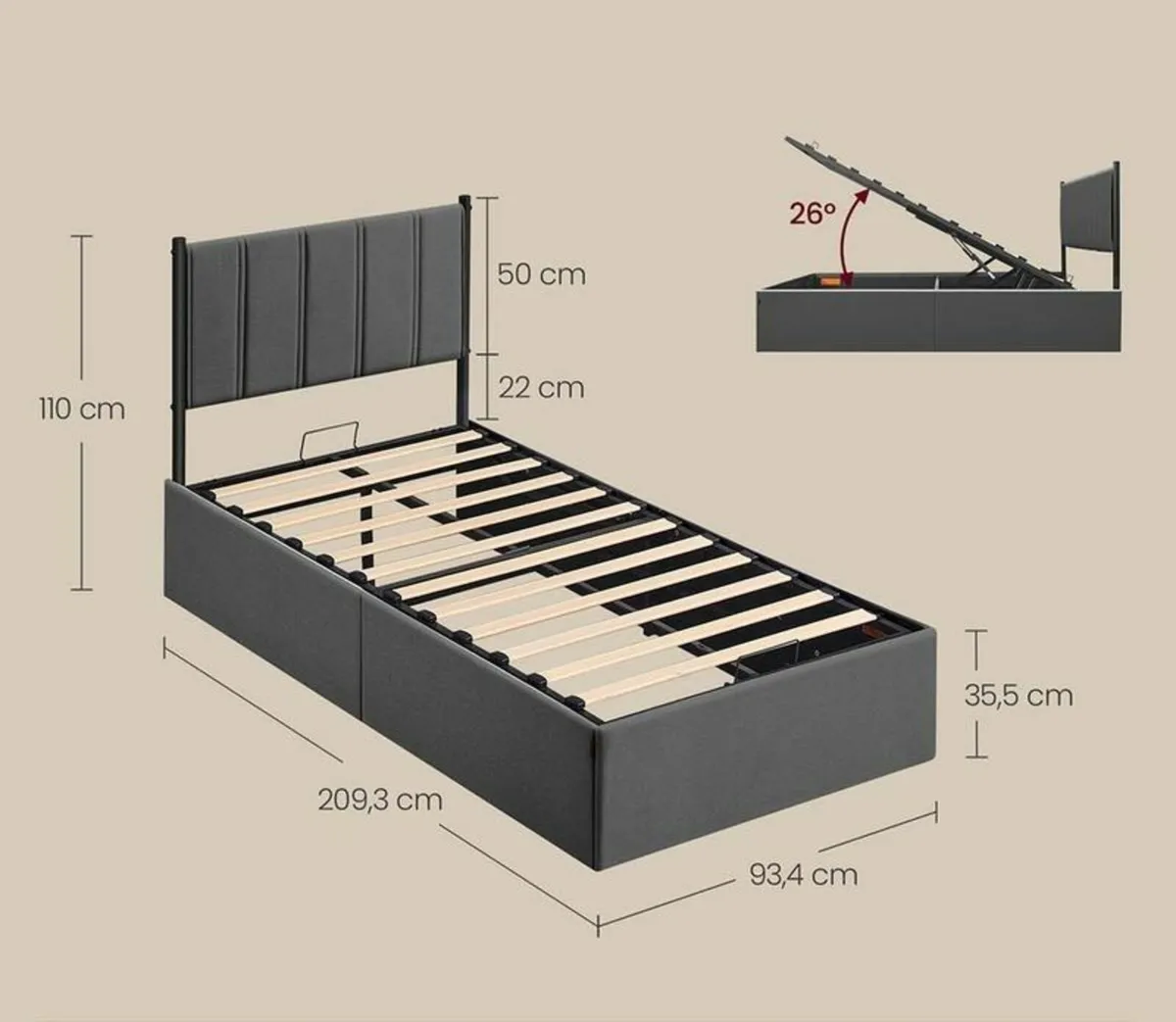 Hydraulic Ottoman Storage Bed Single - Image 3
