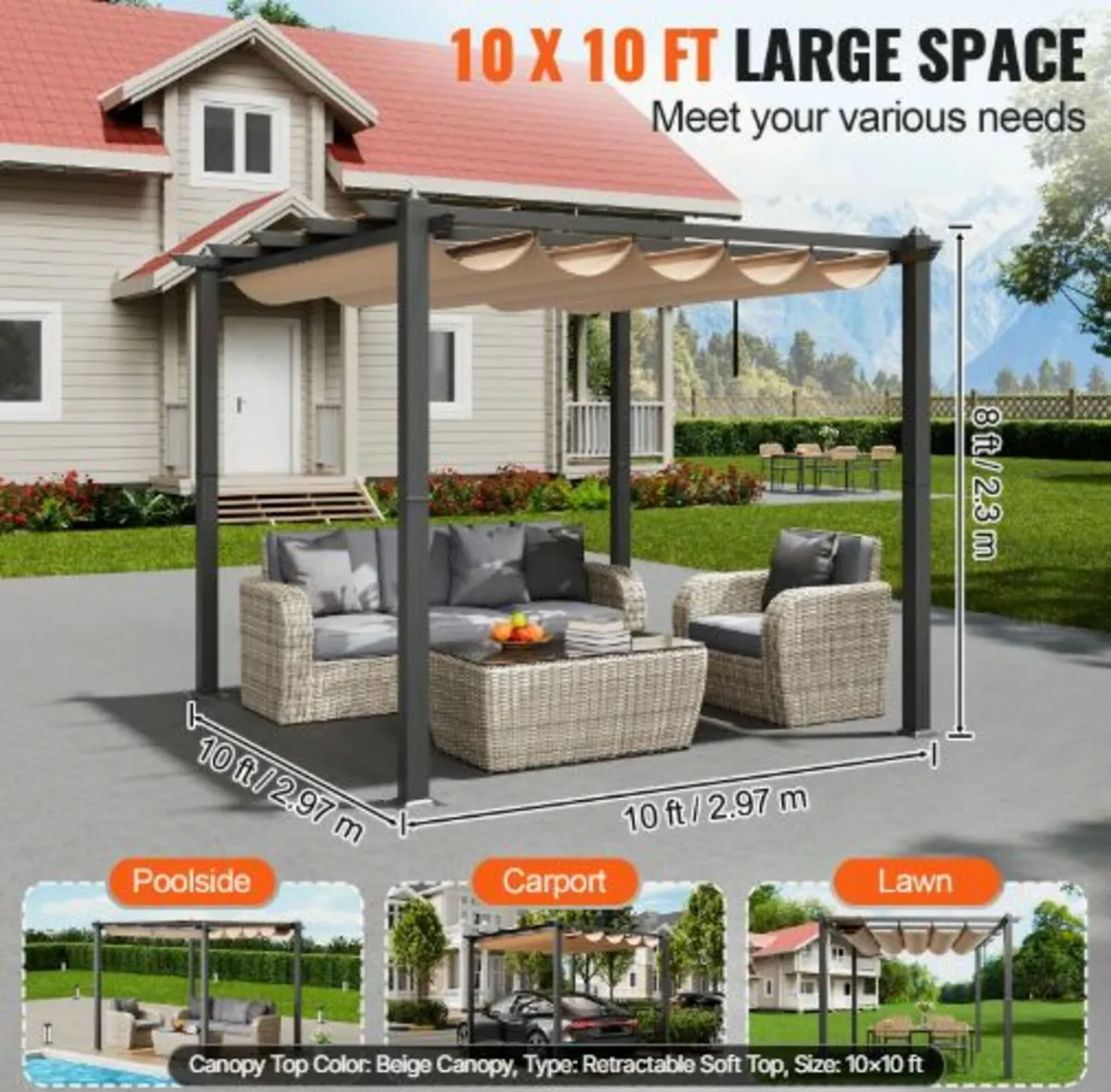10'x10' Outdoor Retractable Pergola with Canopy, - Image 4