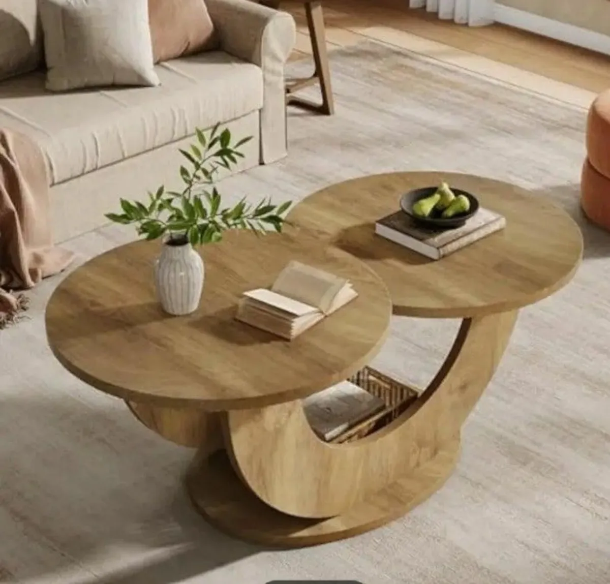 Coffee Table Oak Finish Unique Modern Double Round - Image 2