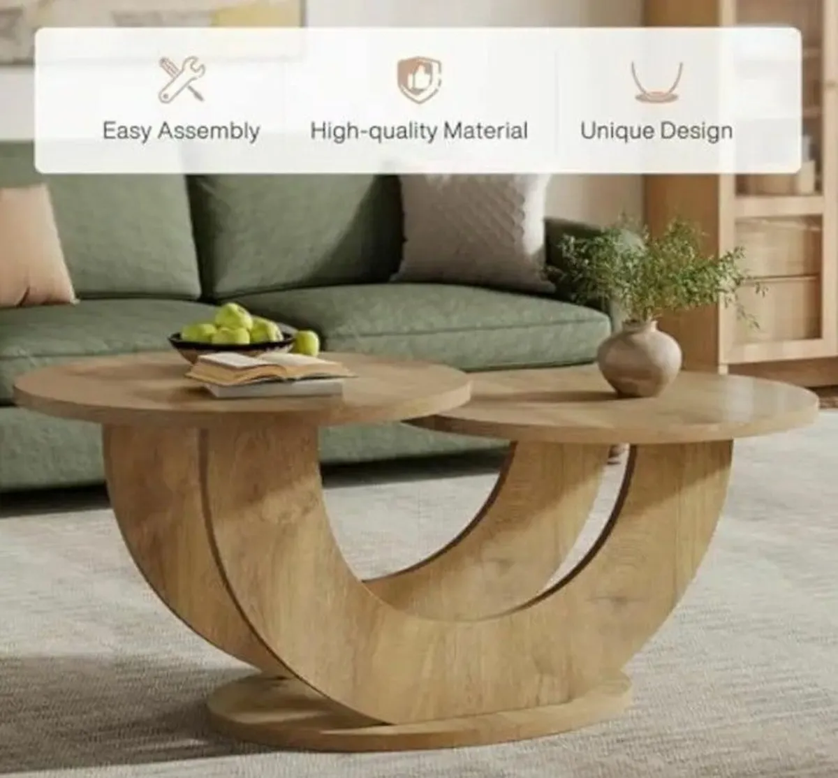 Coffee Table Oak Finish Unique Modern Double Round - Image 3