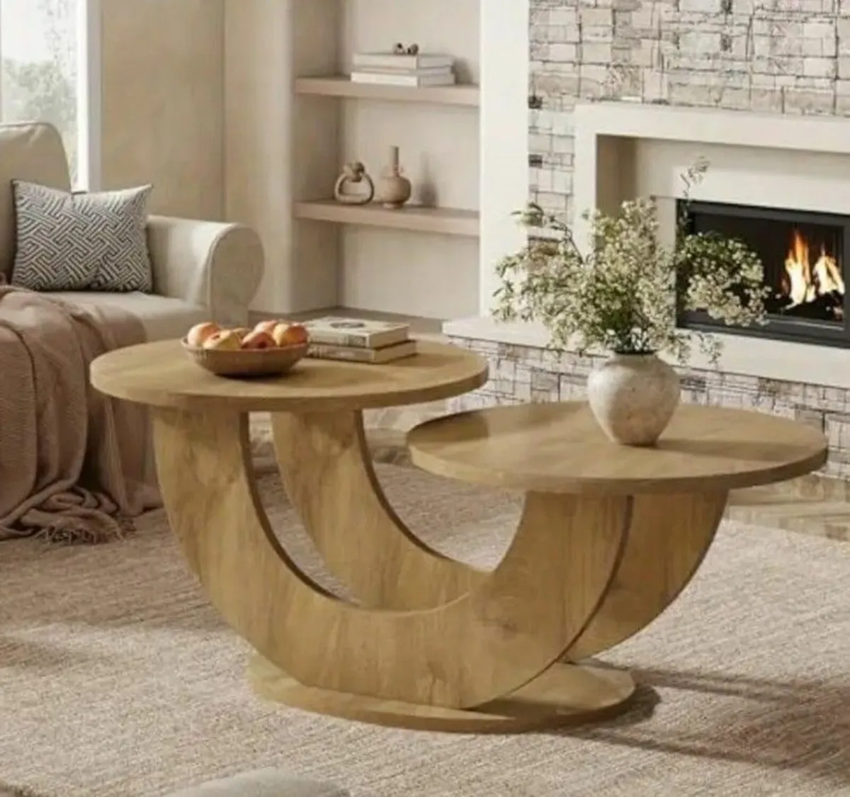 Coffee Table Oak Finish Unique Modern Double Round - Image 1