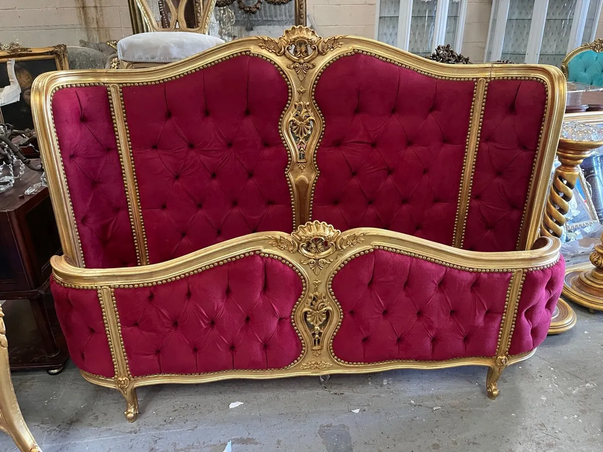 large carved wood framed antique bed - Image 1