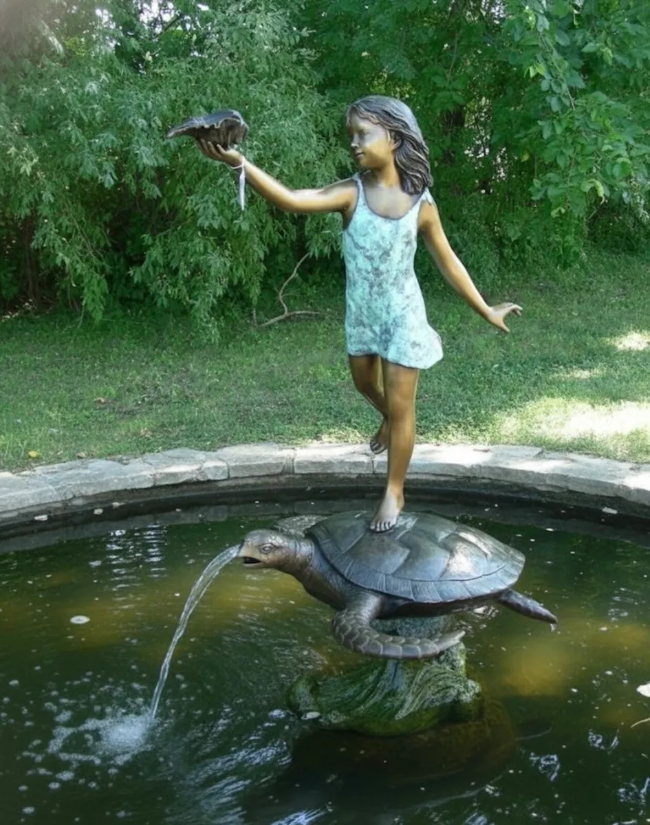 Bronze girl with turtle water feature - Image 1
