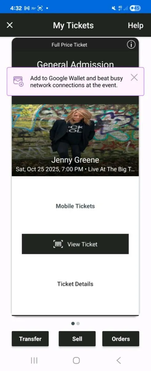 2 Jenny Greene tickets.
