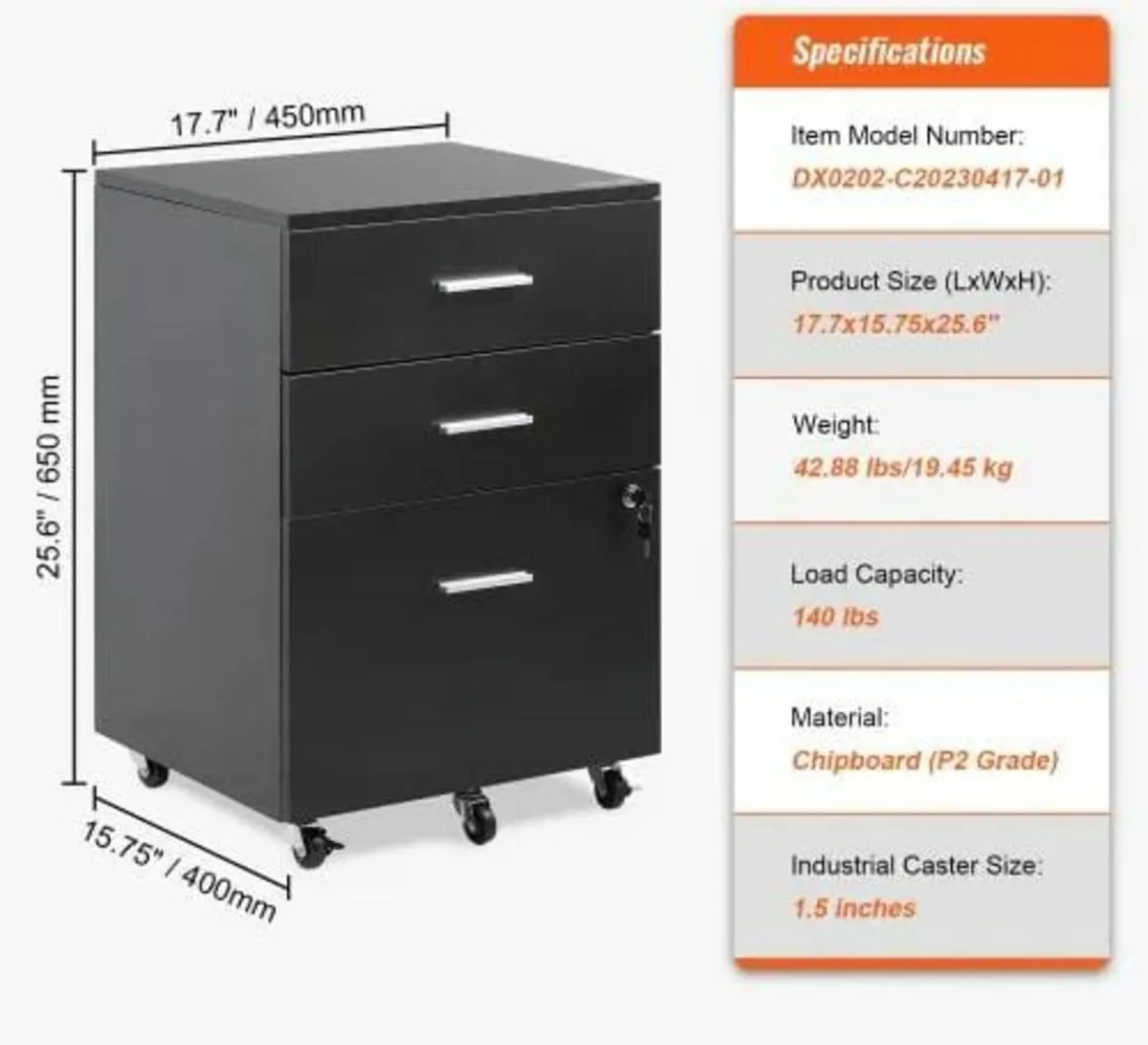 File Cabinet, 3-Drawer Wood Filing Cabinet, Lockin - Image 4