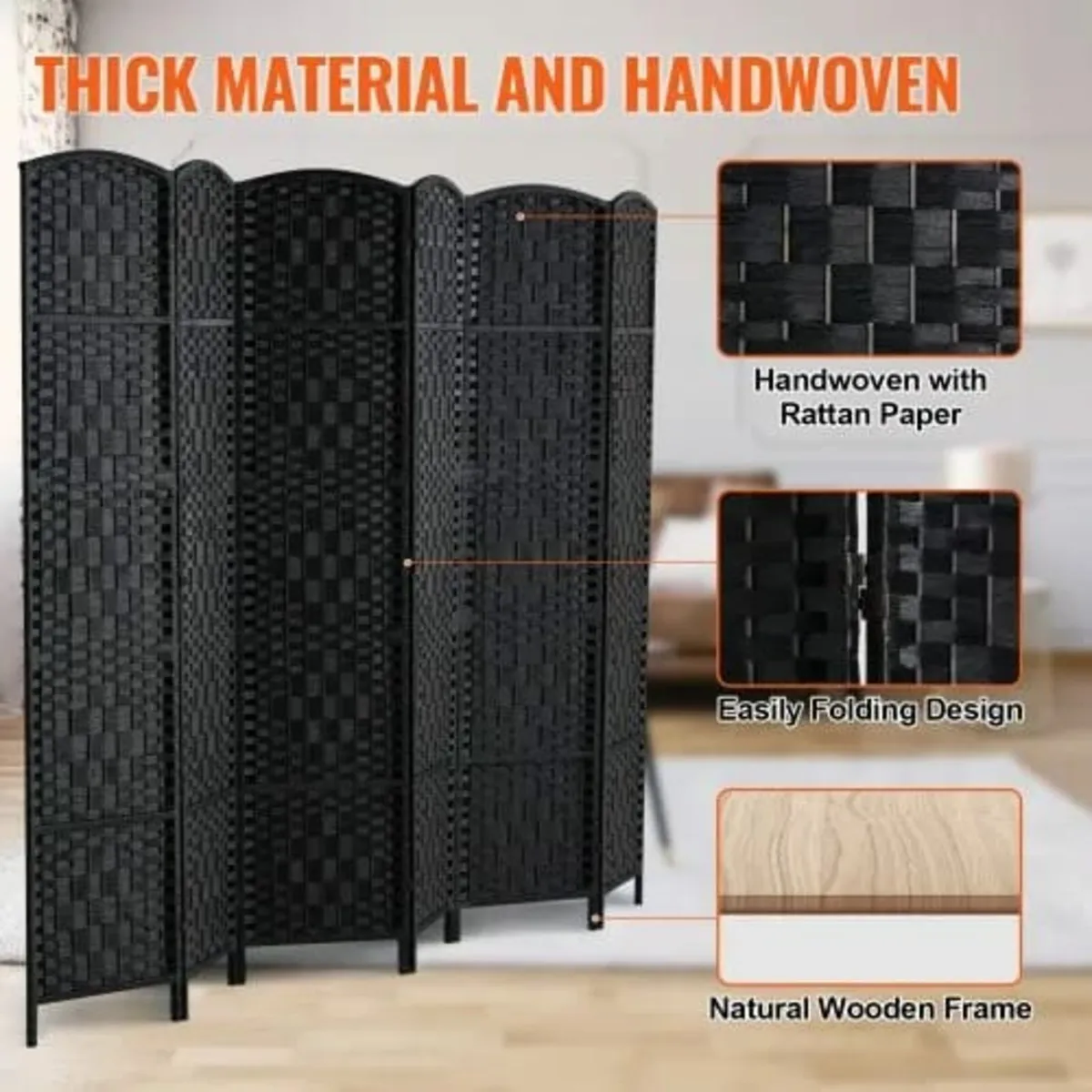 6 Panel Room Divider, Hand-Woven Folding Privacy S - Image 2