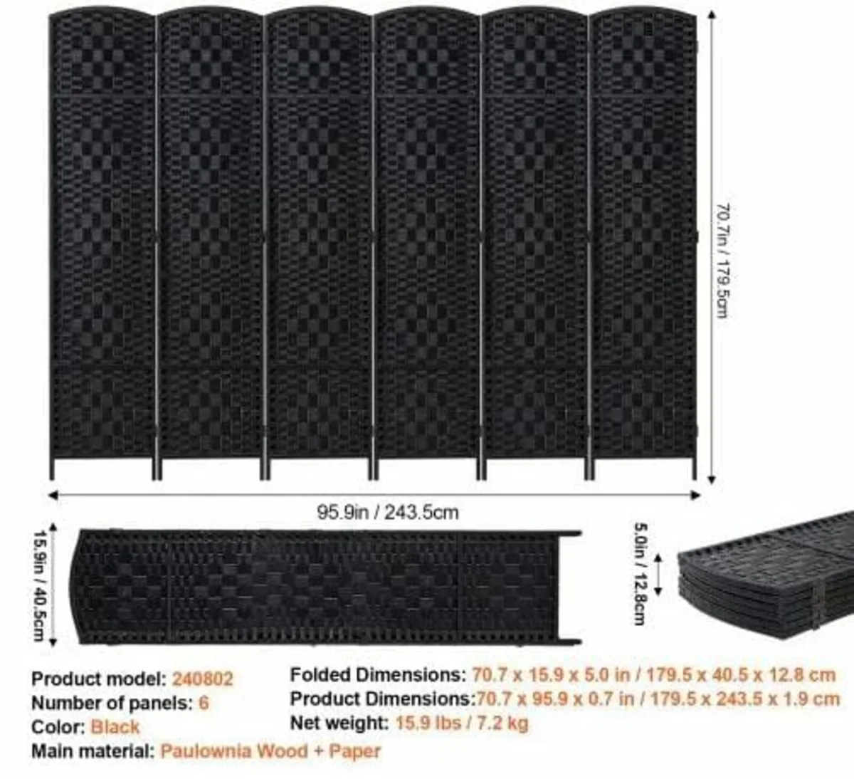 6 Panel Room Divider, Hand-Woven Folding Privacy S - Image 3
