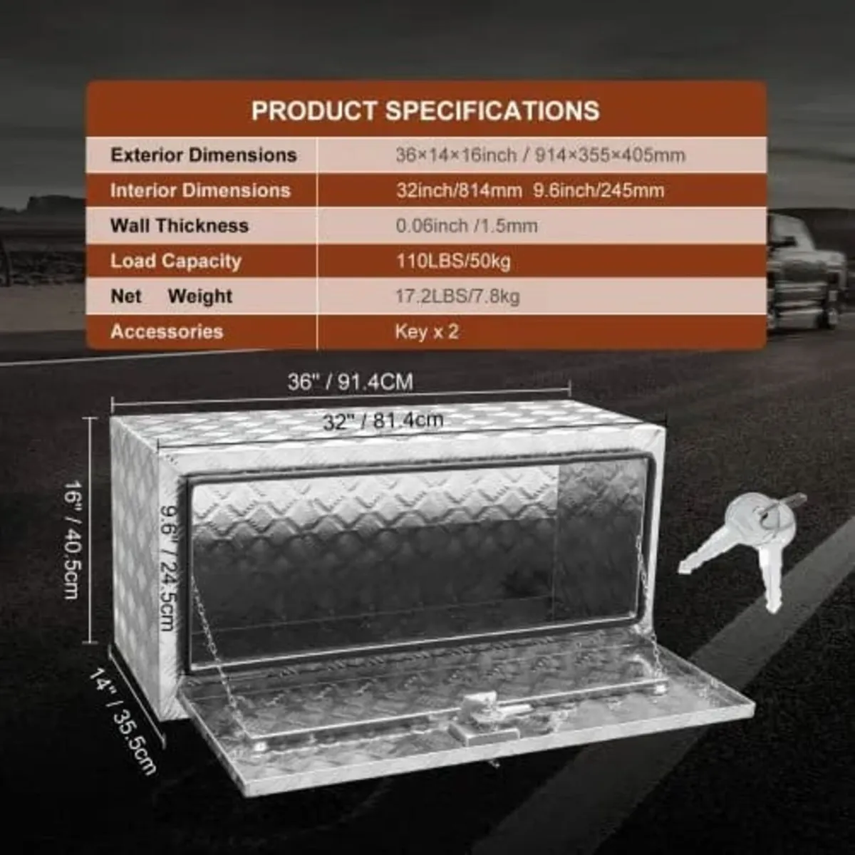 Underbody Truck Box, 914 x 355 x 405 mm Pickup Sto - Image 4