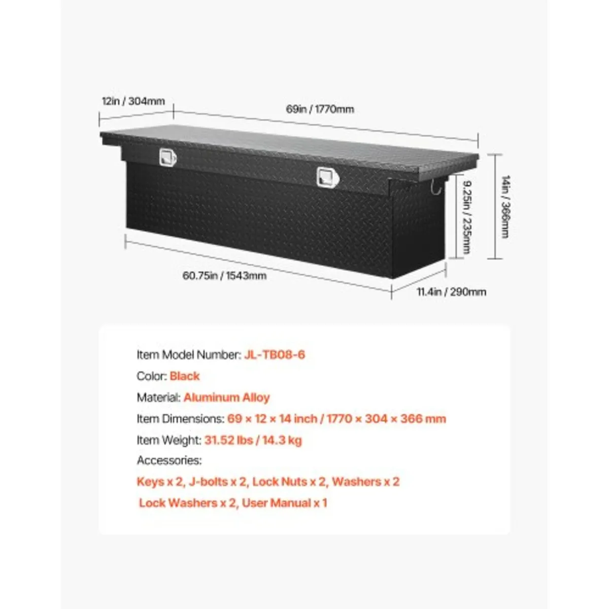 Crossover Truck Tool Box, 69x12x14 In, Heavy Duty - Image 3