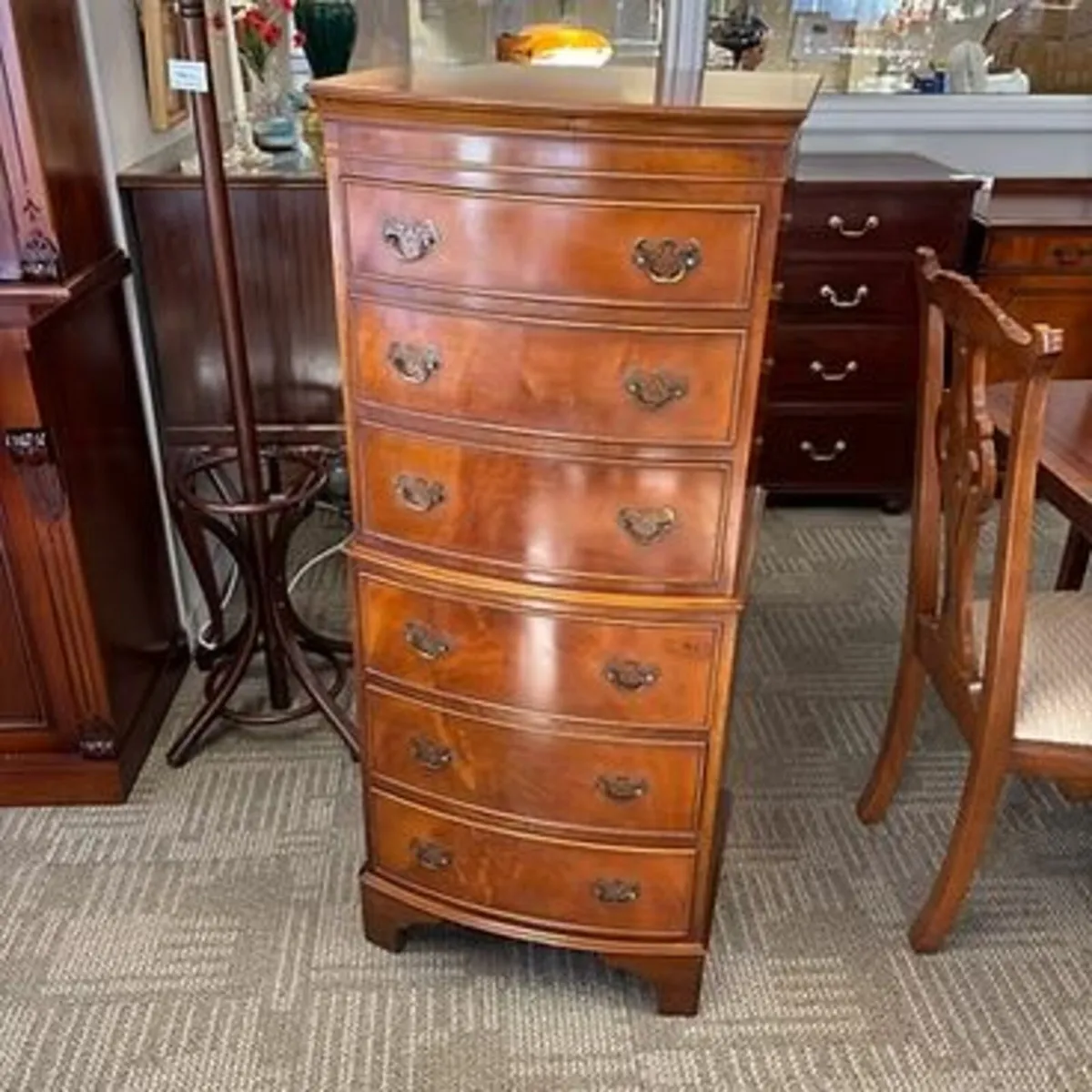 Fabulous mahogany flamed tall boy chest of 6 drawe