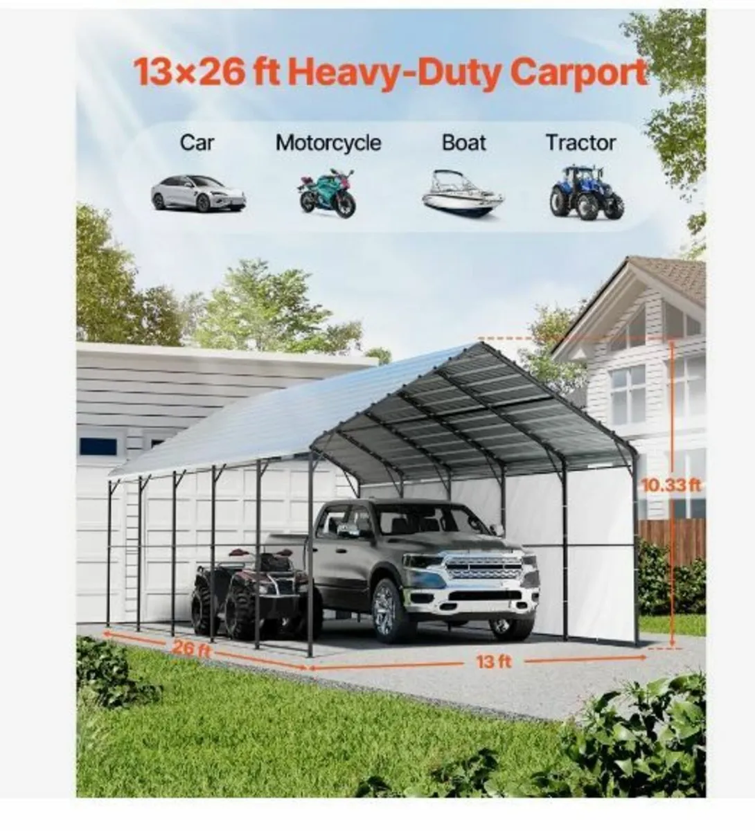 Heavy Duty Metal Carport, 13' x 26' Outdoor - Image 2