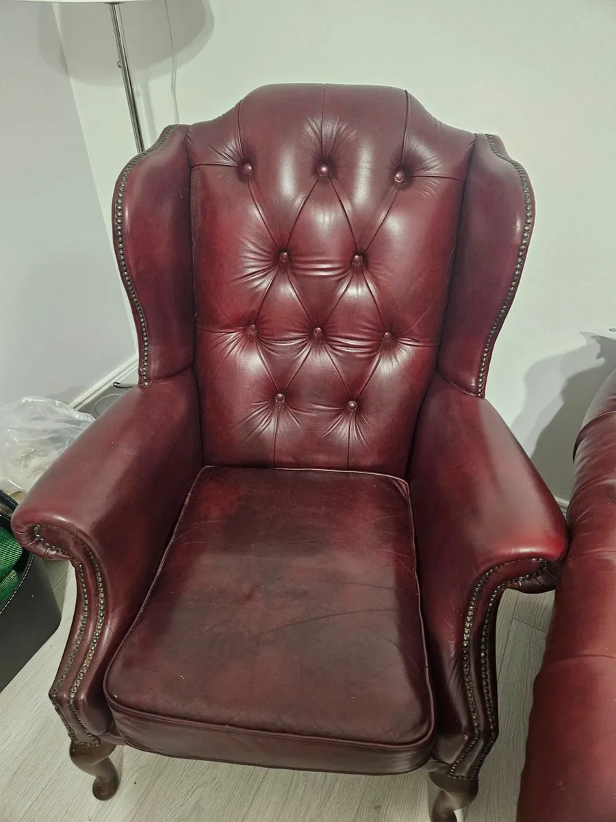 2 Antigue burgundy Queen Ann Wing back chai rs - Image 1