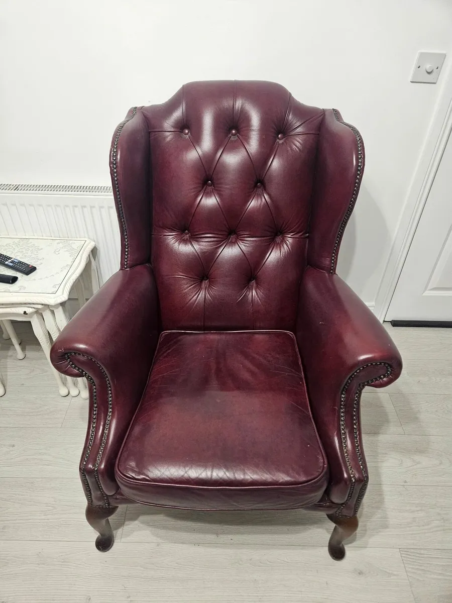 2 Antigue burgundy Queen Ann Wing back chai rs - Image 2