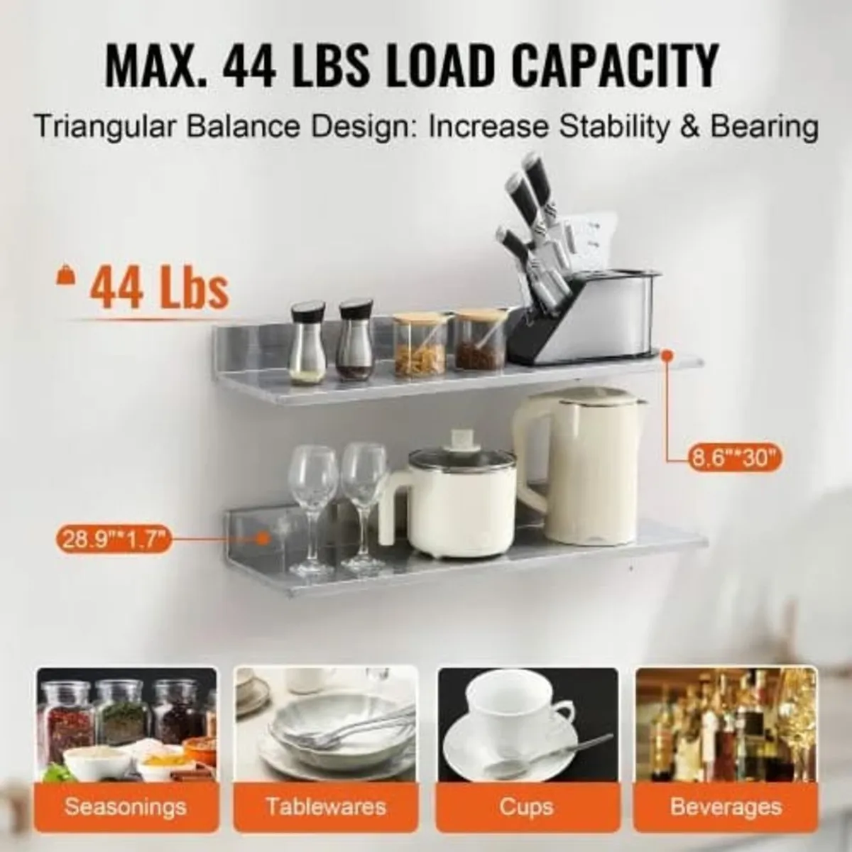21.8 x 76.2 cm Stainless Steel Shelf, Wall Mounted - Image 2